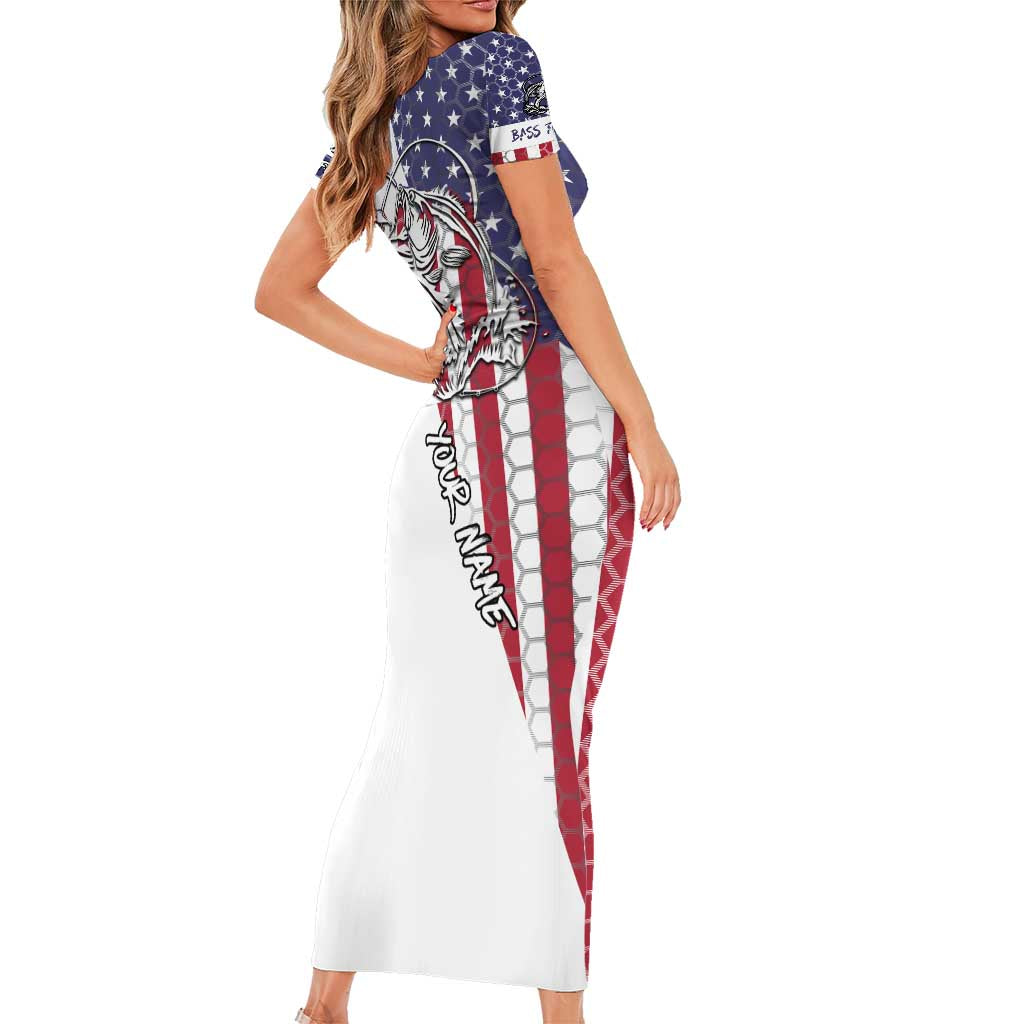 American Flag Bass Fishing Short Sleeve Bodycon Dress Fishing Rod and Patriotic Red White and Blue Theme - Wonder Print Shop