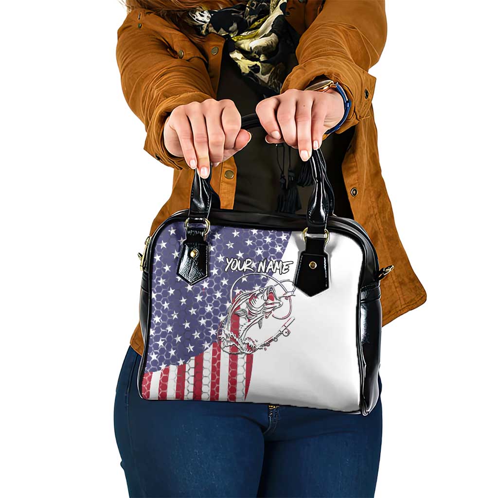 American Flag Bass Fishing Shoulder Handbag Fishing Rod and Patriotic Red White and Blue Theme - Wonder Print Shop