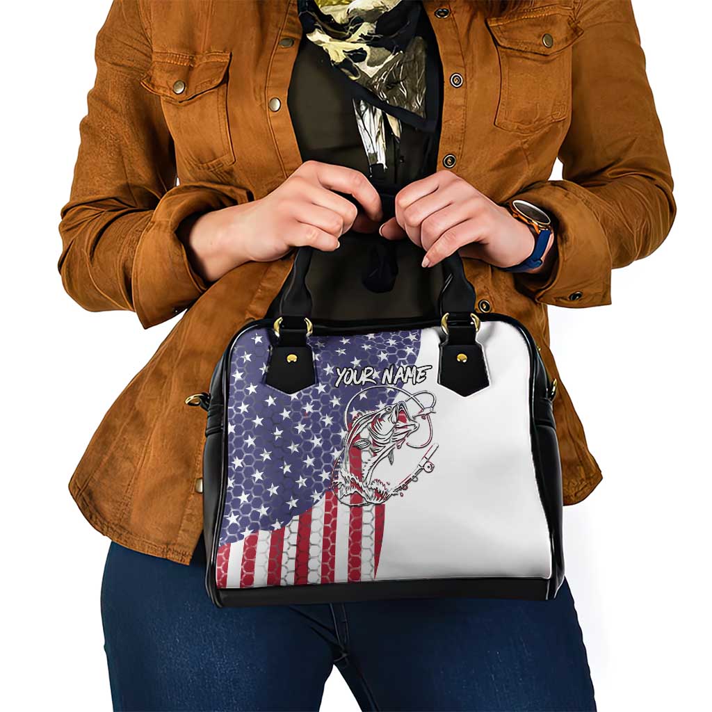 American Flag Bass Fishing Shoulder Handbag Fishing Rod and Patriotic Red White and Blue Theme - Wonder Print Shop
