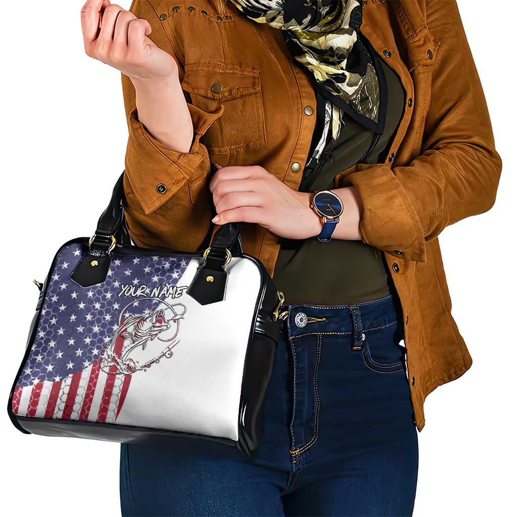 American Flag Bass Fishing Shoulder Handbag Fishing Rod and Patriotic Red White and Blue Theme - Wonder Print Shop