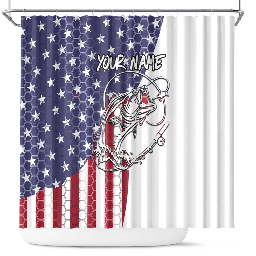 American Flag Bass Fishing Shower Curtain Fishing Rod and Patriotic Red White and Blue Theme - Wonder Print Shop