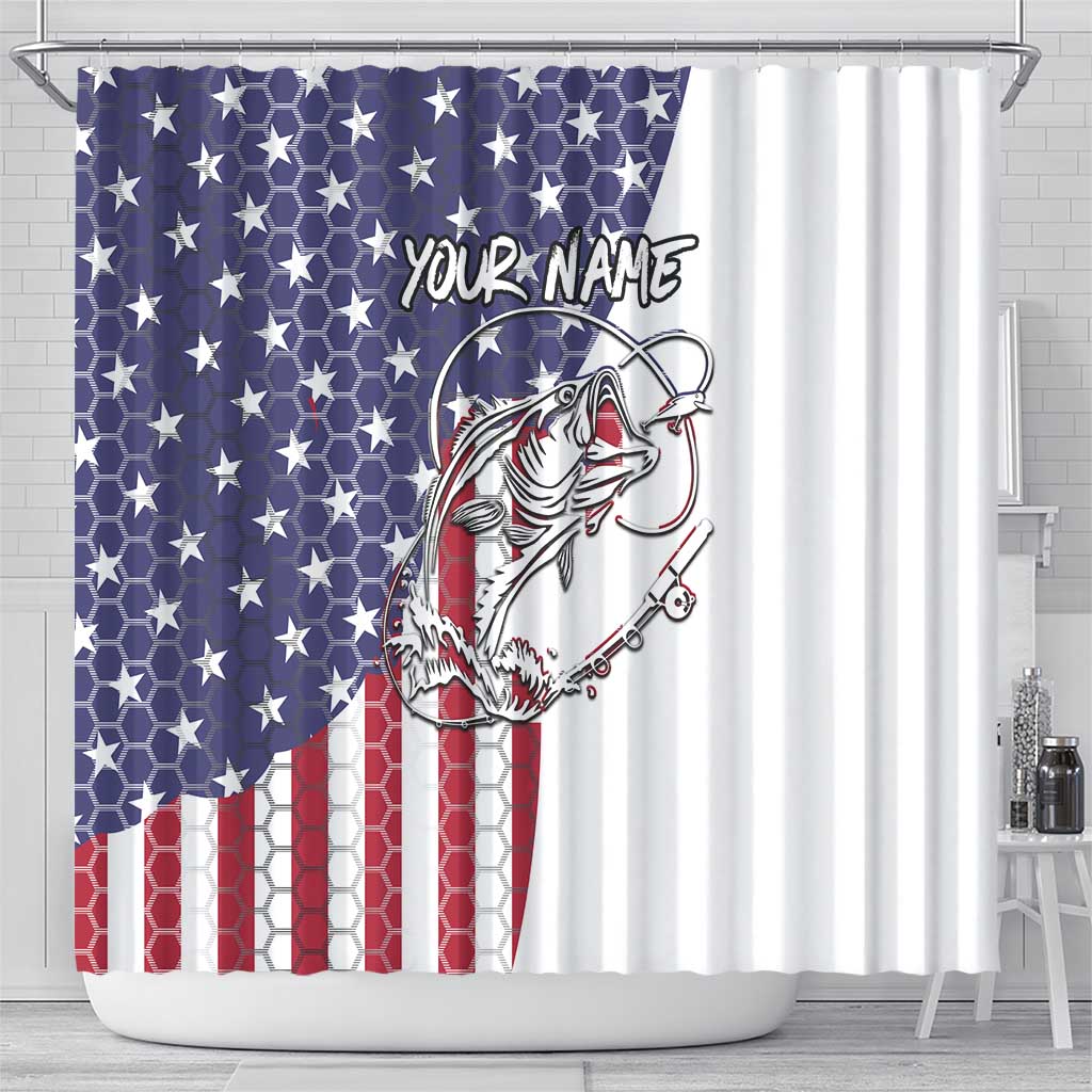 American Flag Bass Fishing Shower Curtain Fishing Rod and Patriotic Red White and Blue Theme - Wonder Print Shop