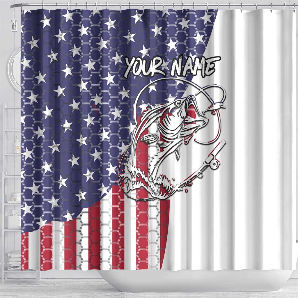 American Flag Bass Fishing Shower Curtain Fishing Rod and Patriotic Red White and Blue Theme - Wonder Print Shop