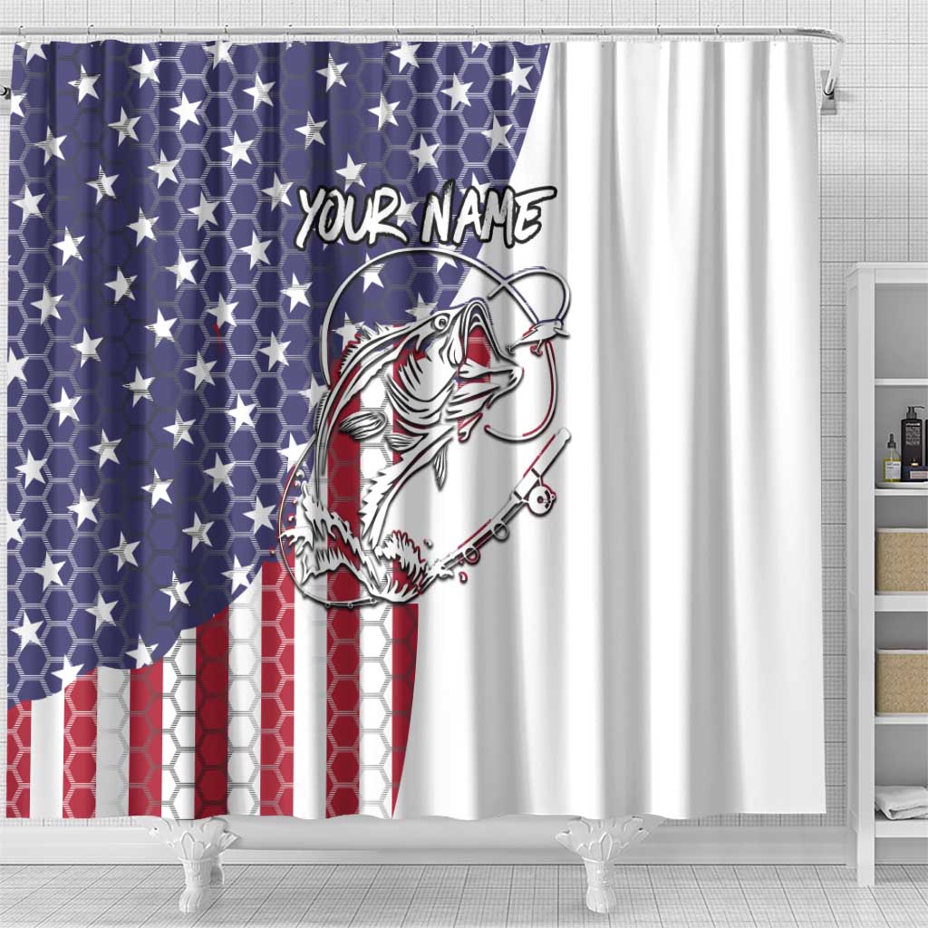 American Flag Bass Fishing Shower Curtain Fishing Rod and Patriotic Red White and Blue Theme - Wonder Print Shop