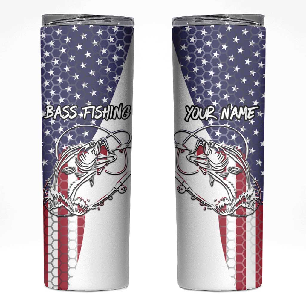 American Flag Bass Fishing Skinny Tumbler Fishing Rod and Patriotic Red White and Blue Theme - Wonder Print Shop