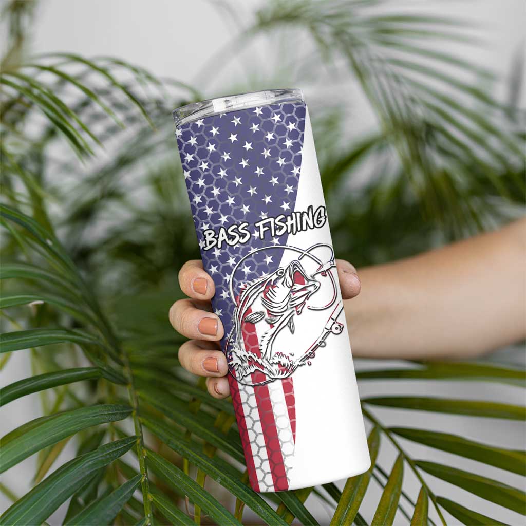 American Flag Bass Fishing Skinny Tumbler Fishing Rod and Patriotic Red White and Blue Theme - Wonder Print Shop