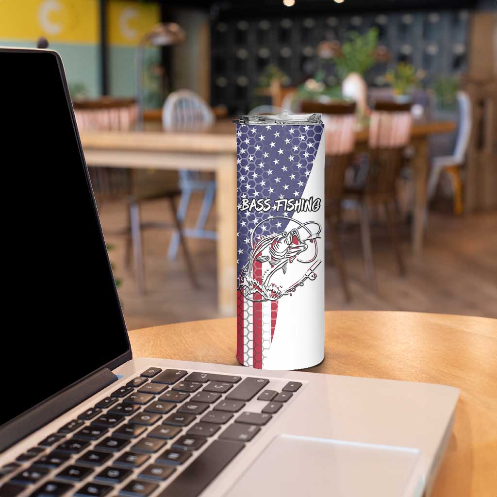 American Flag Bass Fishing Skinny Tumbler Fishing Rod and Patriotic Red White and Blue Theme - Wonder Print Shop