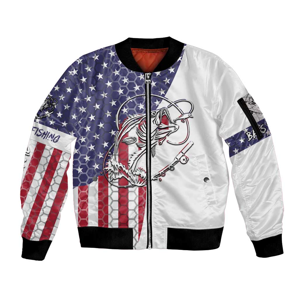 American Flag Bass Fishing Sleeve Zip Bomber Jacket Fishing Rod and Patriotic Red White and Blue Theme - Wonder Print Shop