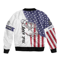 American Flag Bass Fishing Sleeve Zip Bomber Jacket Fishing Rod and Patriotic Red White and Blue Theme - Wonder Print Shop
