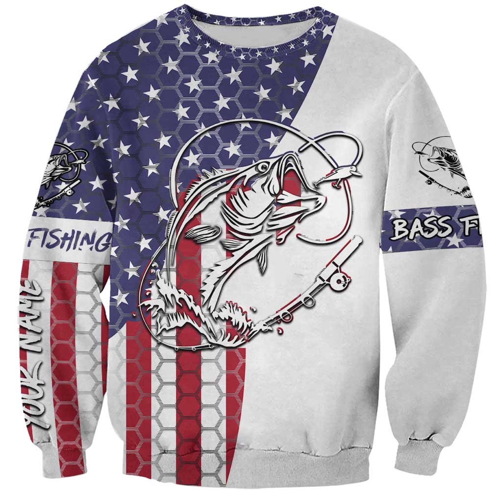 American Flag Bass Fishing Sweatshirt Fishing Rod and Patriotic Red White and Blue Theme - Wonder Print Shop