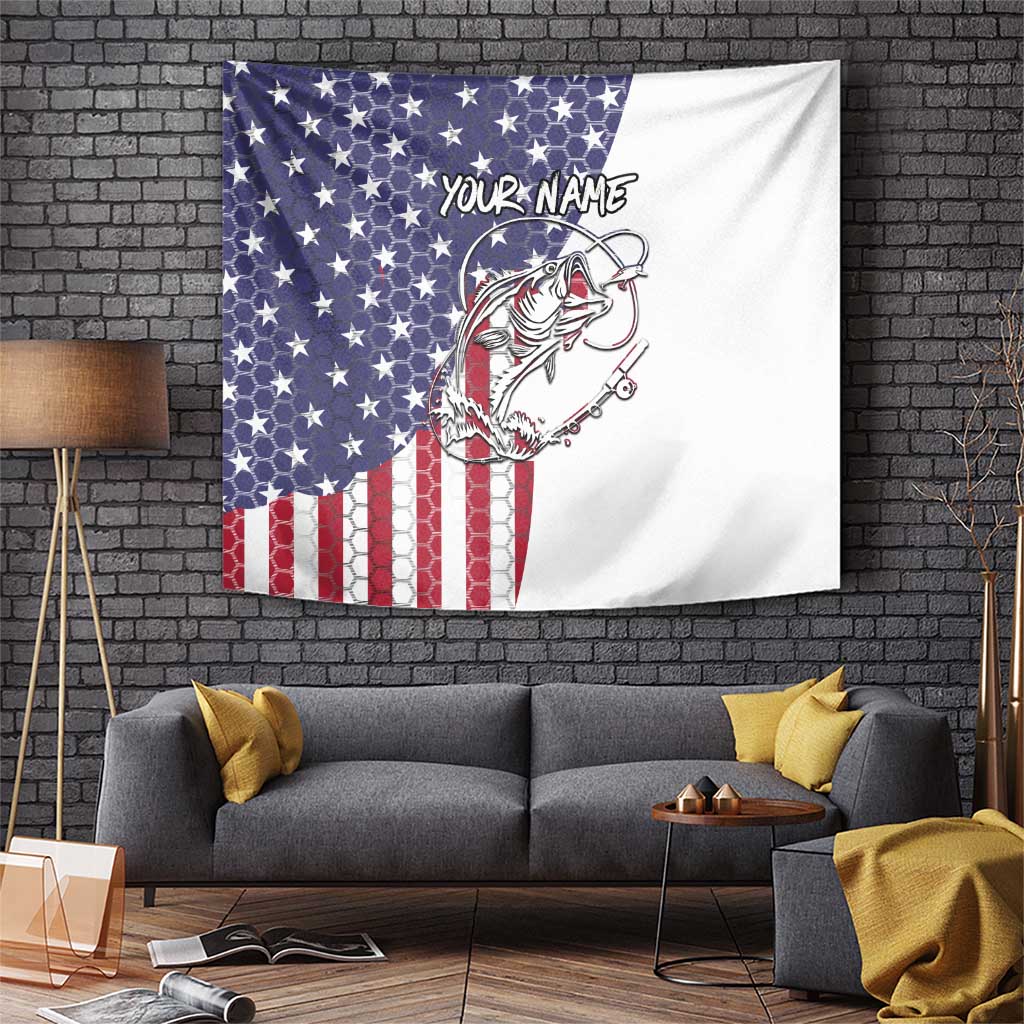 American Flag Bass Fishing Tapestry Fishing Rod and Patriotic Red White and Blue Theme - Wonder Print Shop