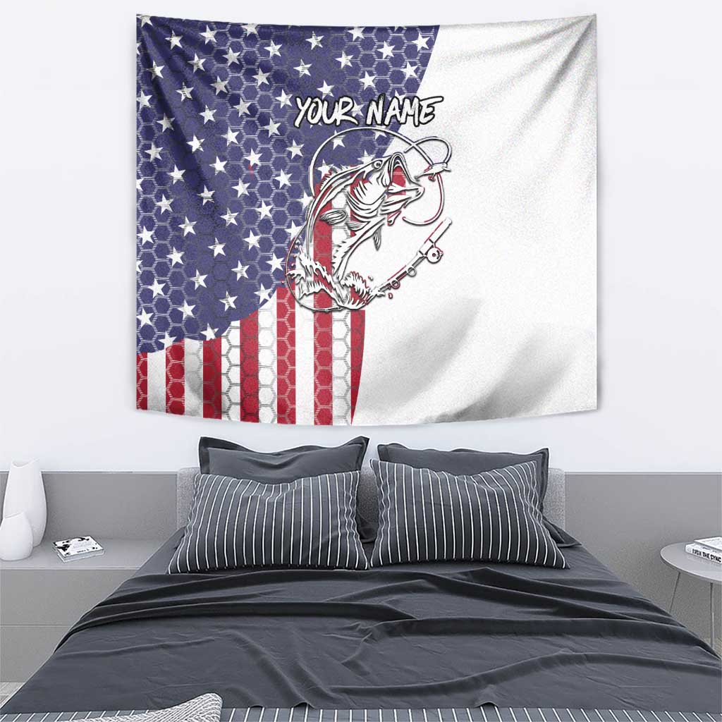 American Flag Bass Fishing Tapestry Fishing Rod and Patriotic Red White and Blue Theme - Wonder Print Shop