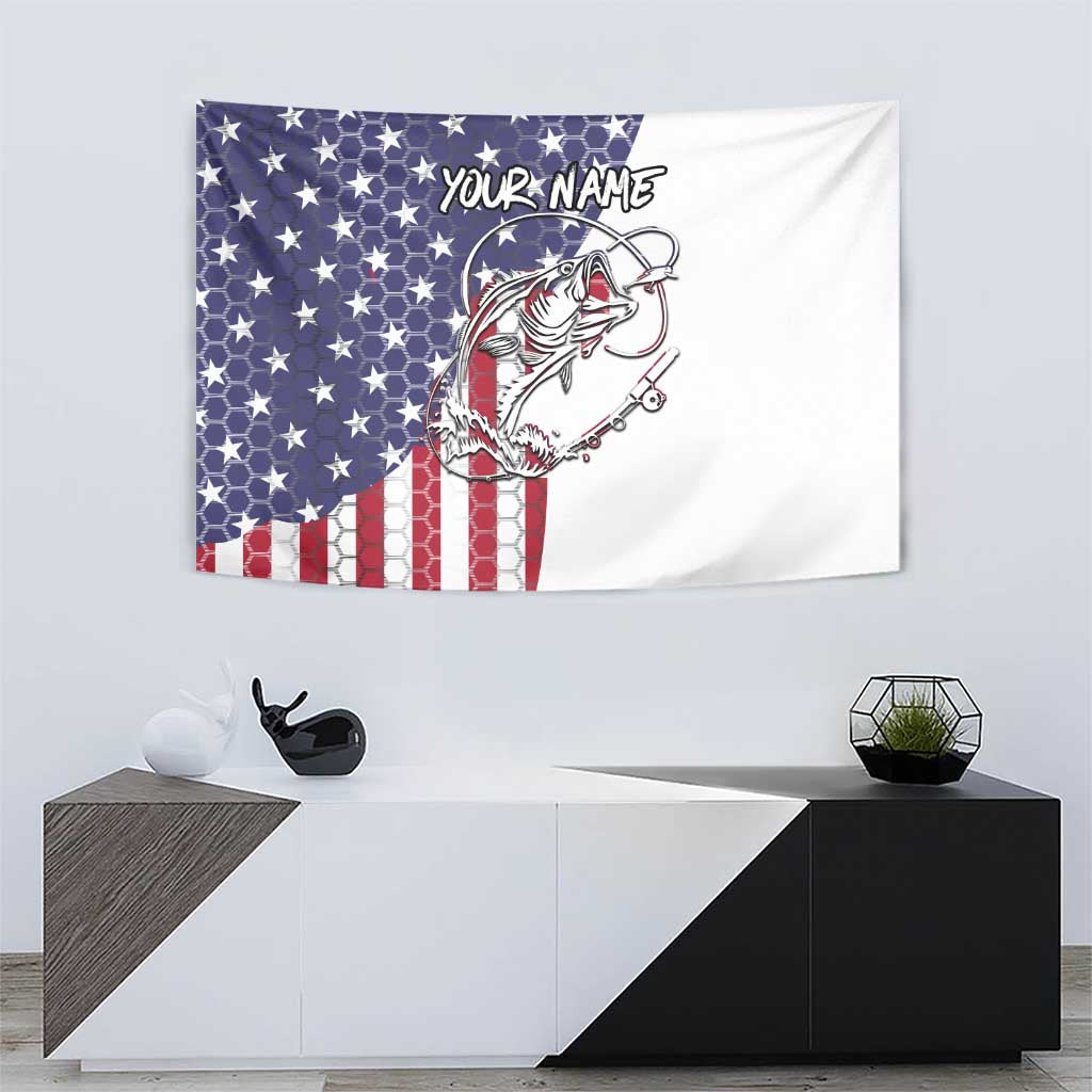 American Flag Bass Fishing Tapestry Fishing Rod and Patriotic Red White and Blue Theme - Wonder Print Shop