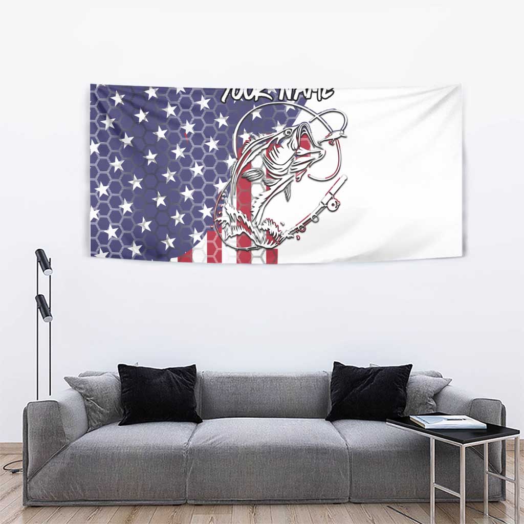 American Flag Bass Fishing Tapestry Fishing Rod and Patriotic Red White and Blue Theme - Wonder Print Shop