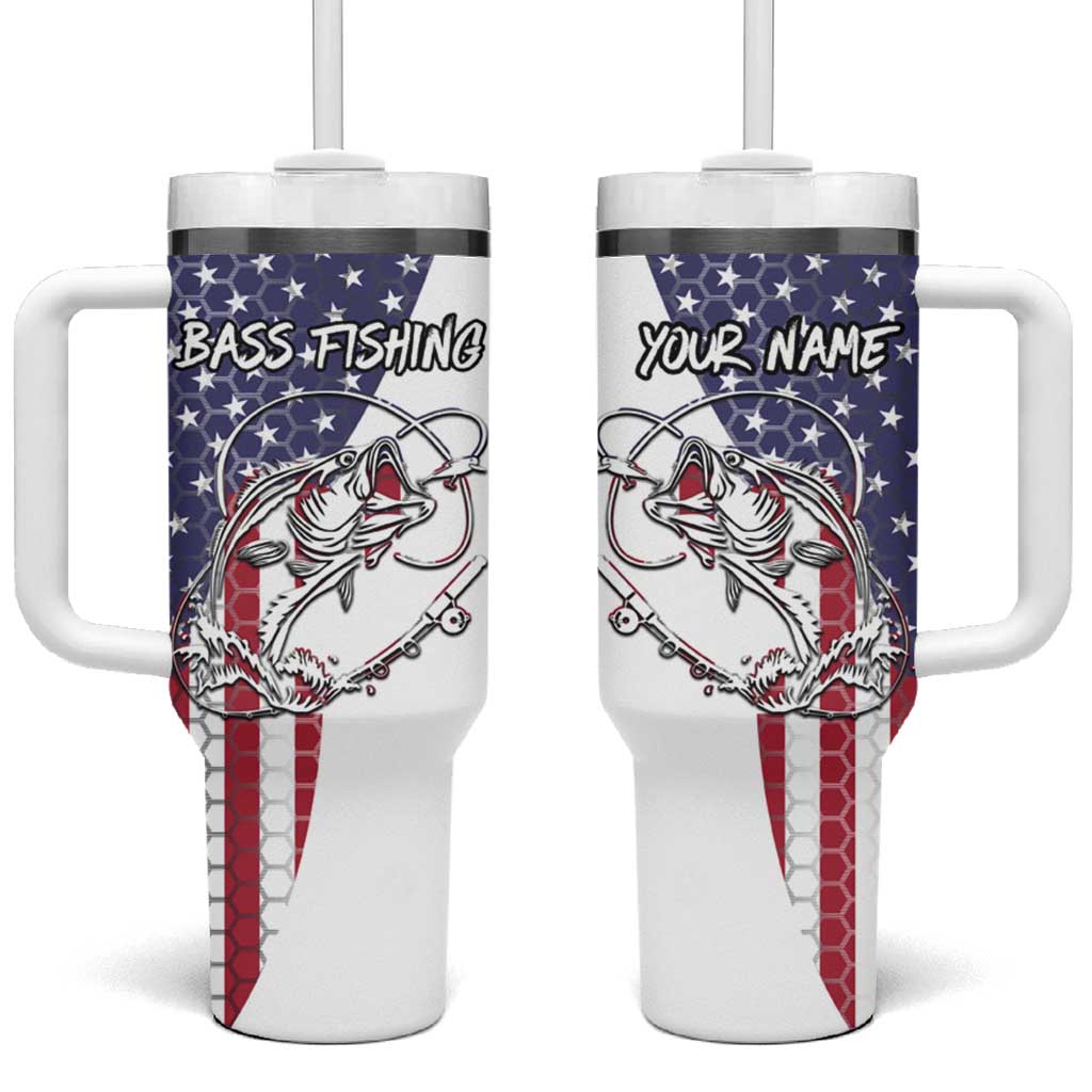 American Flag Bass Fishing Tumbler With Handle Fishing Rod and Patriotic Red White and Blue Theme - Wonder Print Shop