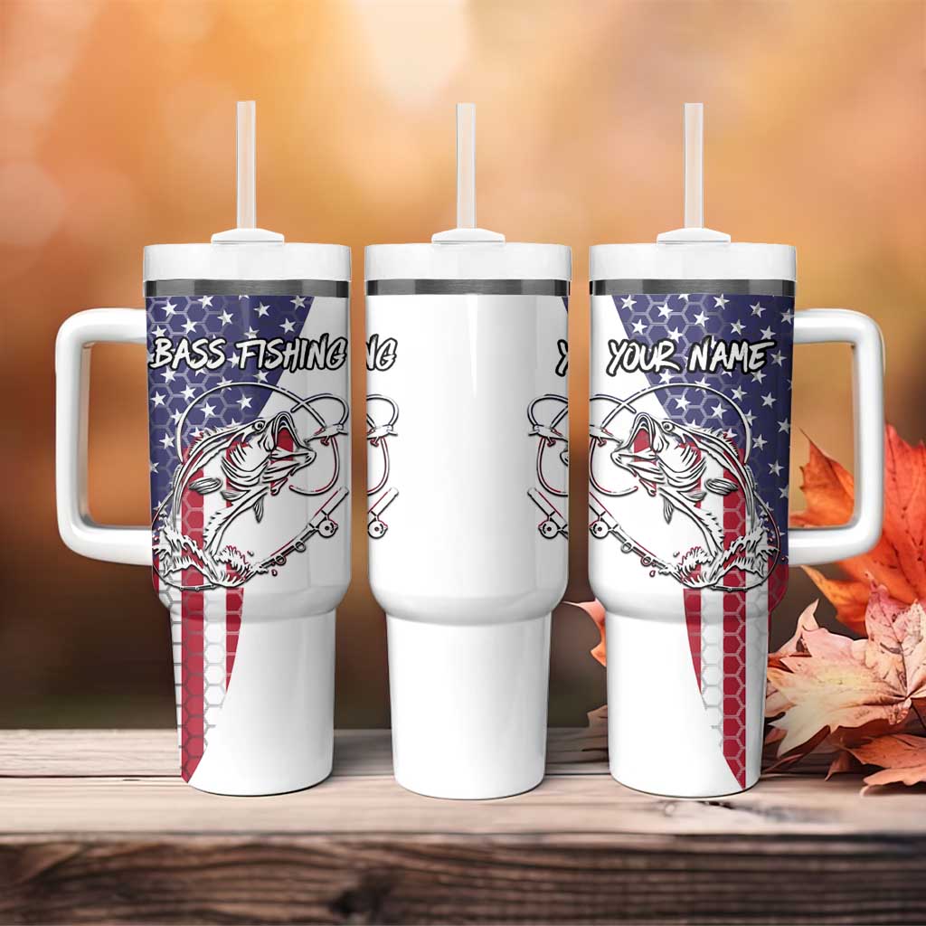 American Flag Bass Fishing Tumbler With Handle Fishing Rod and Patriotic Red White and Blue Theme - Wonder Print Shop