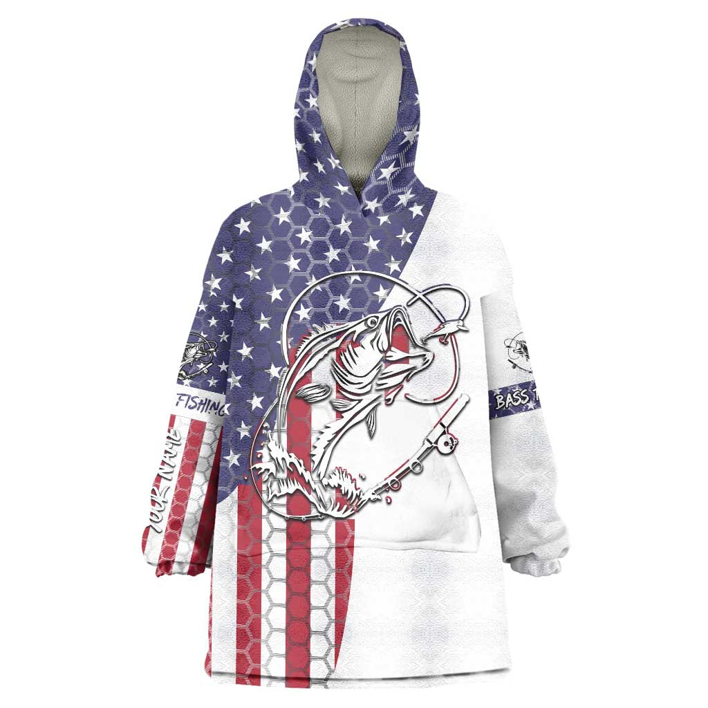 American Flag Bass Fishing Wearable Blanket Hoodie Fishing Rod and Patriotic Red White and Blue Theme - Wonder Print Shop