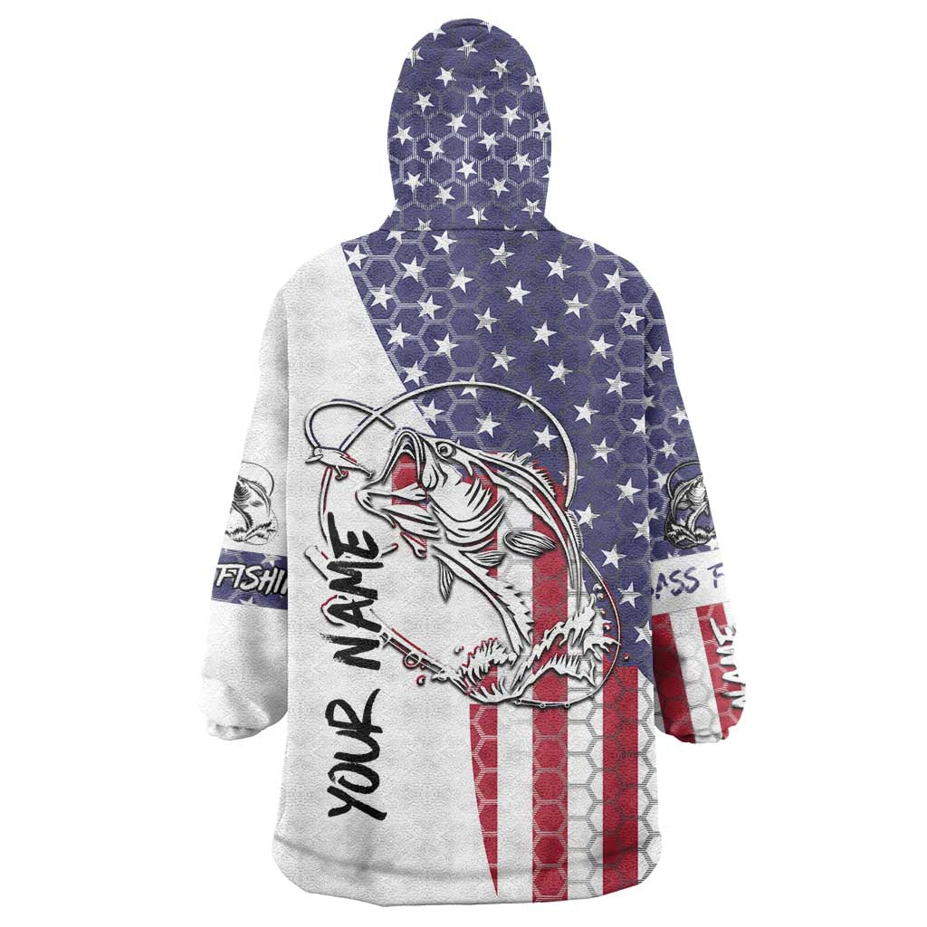 American Flag Bass Fishing Wearable Blanket Hoodie Fishing Rod and Patriotic Red White and Blue Theme - Wonder Print Shop