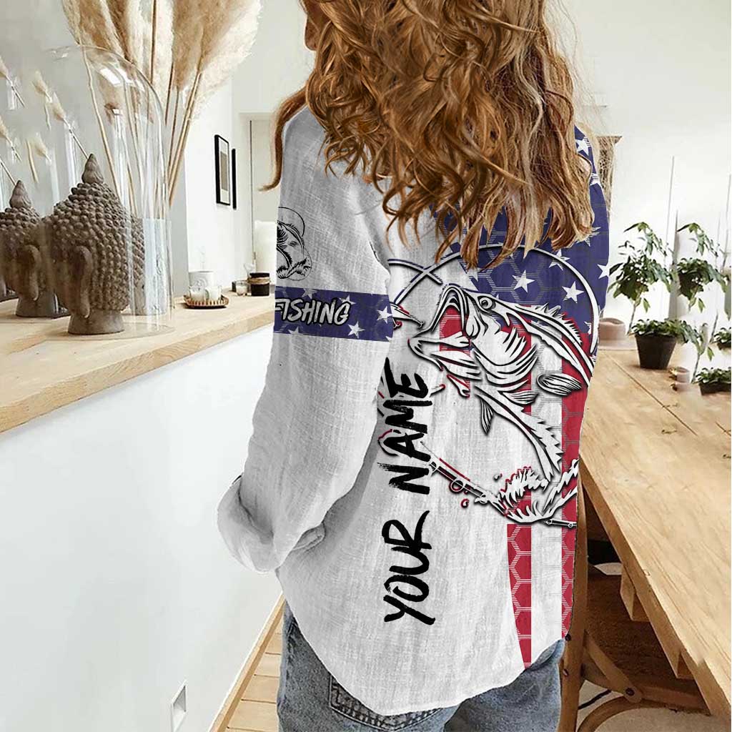 American Flag Bass Fishing Women Casual Shirt Fishing Rod and Patriotic Red White and Blue Theme - Wonder Print Shop