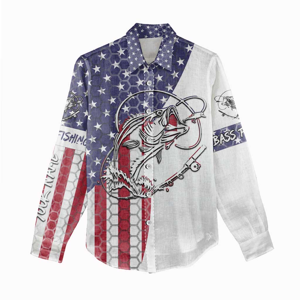 American Flag Bass Fishing Women Casual Shirt Fishing Rod and Patriotic Red White and Blue Theme - Wonder Print Shop