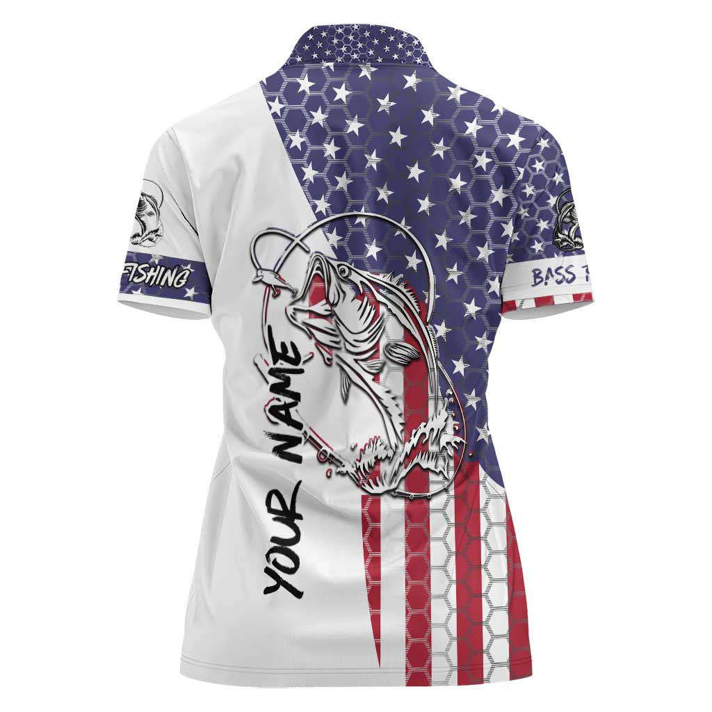 American Flag Bass Fishing Women Polo Shirt Fishing Rod and Patriotic Red White and Blue Theme - Wonder Print Shop