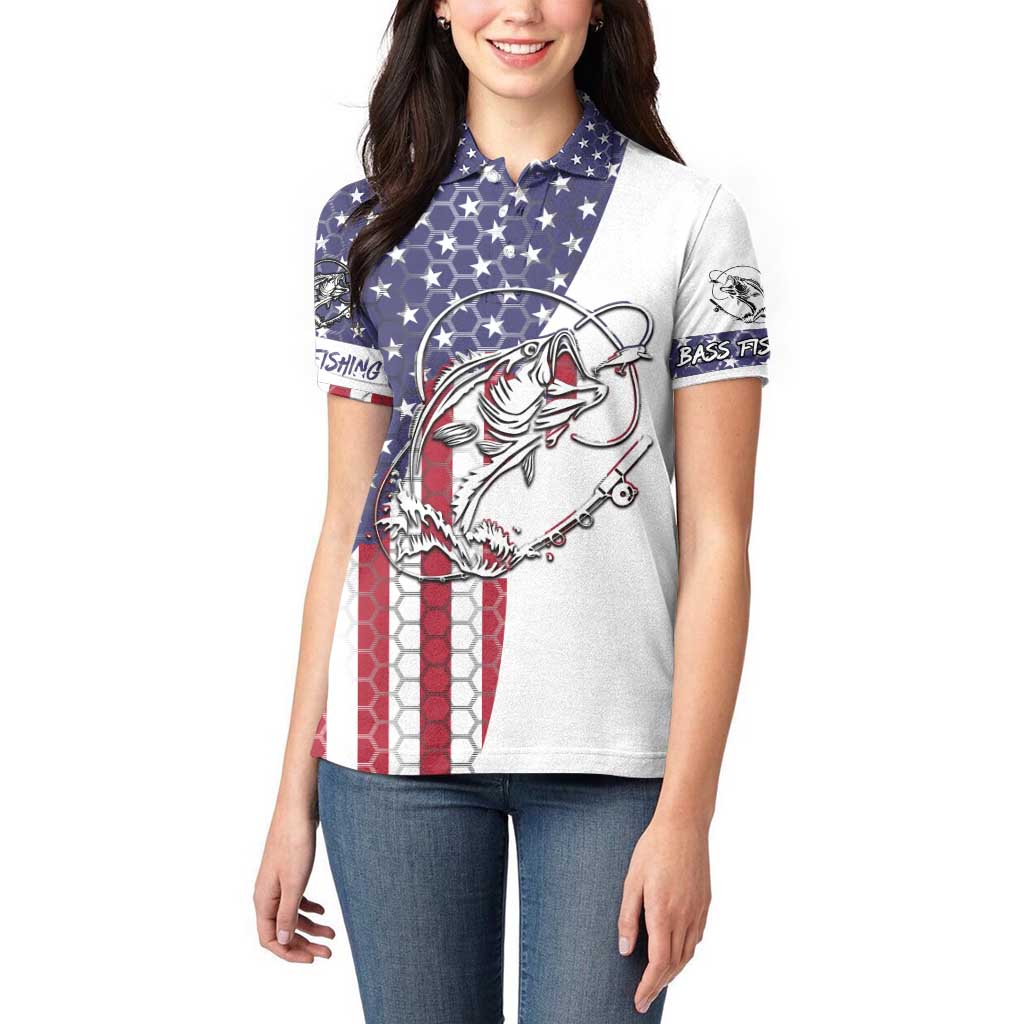 American Flag Bass Fishing Women Polo Shirt Fishing Rod and Patriotic Red White and Blue Theme - Wonder Print Shop