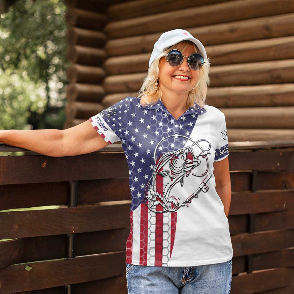 American Flag Bass Fishing Women Polo Shirt Fishing Rod and Patriotic Red White and Blue Theme - Wonder Print Shop
