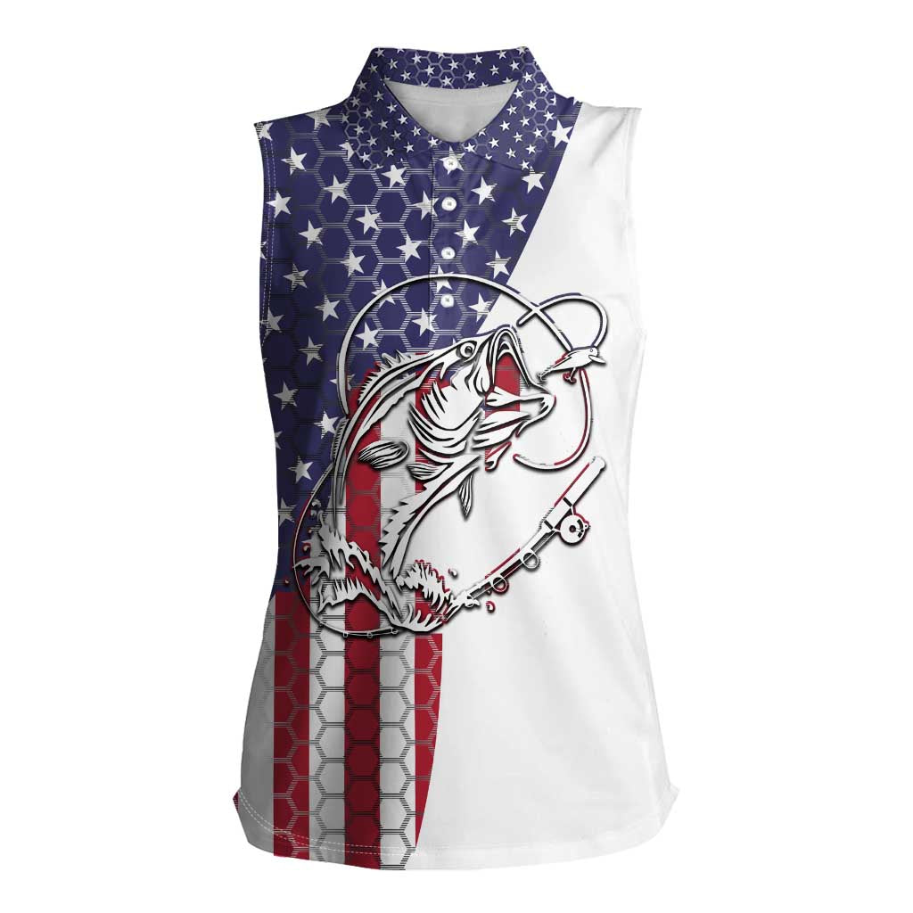 American Flag Bass Fishing Women Sleeveless Polo Shirt Fishing Rod and Patriotic Red White and Blue Theme - Wonder Print Shop
