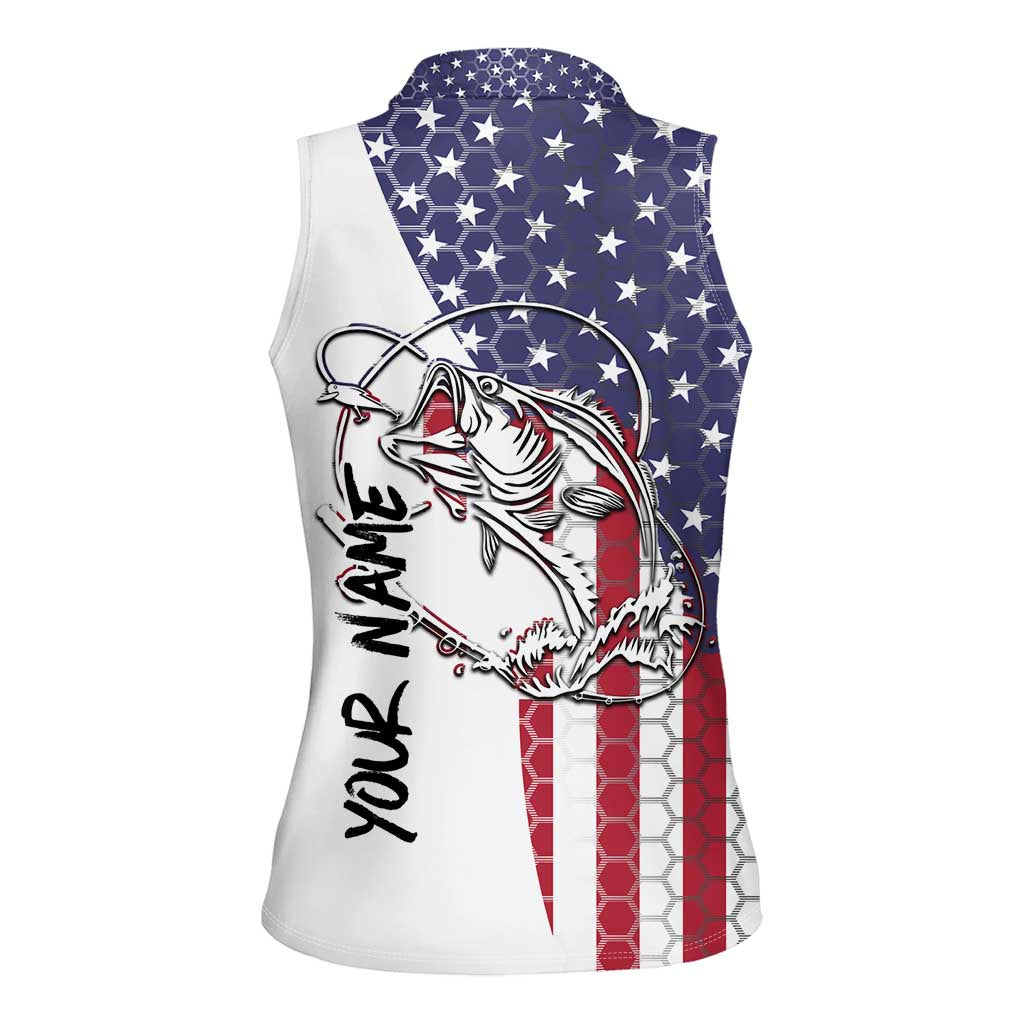 American Flag Bass Fishing Women Sleeveless Polo Shirt Fishing Rod and Patriotic Red White and Blue Theme - Wonder Print Shop