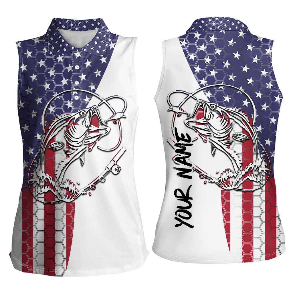 American Flag Bass Fishing Women Sleeveless Polo Shirt Fishing Rod and Patriotic Red White and Blue Theme - Wonder Print Shop