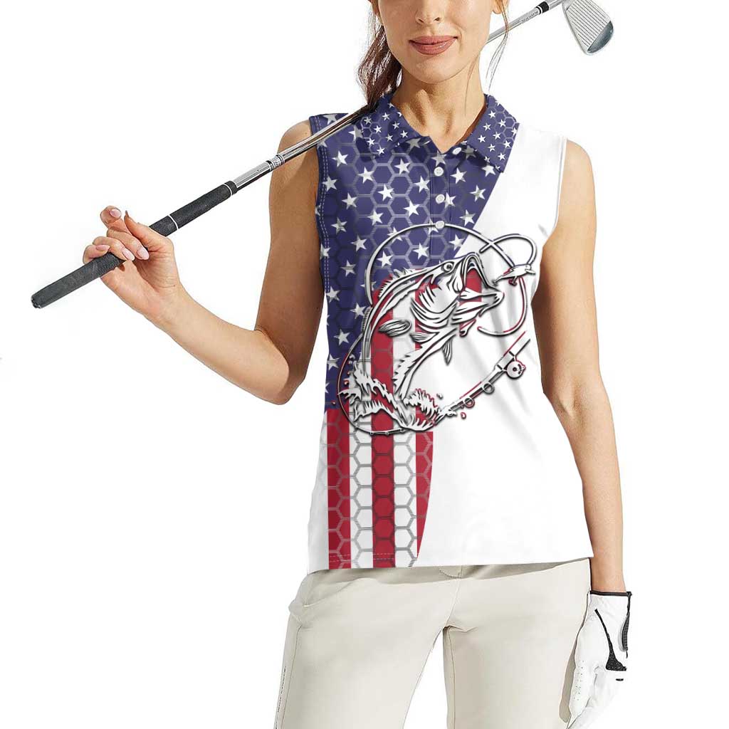 American Flag Bass Fishing Women Sleeveless Polo Shirt Fishing Rod and Patriotic Red White and Blue Theme - Wonder Print Shop