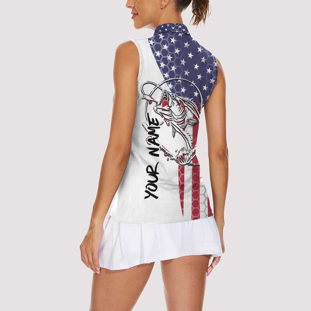 American Flag Bass Fishing Women Sleeveless Polo Shirt Fishing Rod and Patriotic Red White and Blue Theme - Wonder Print Shop