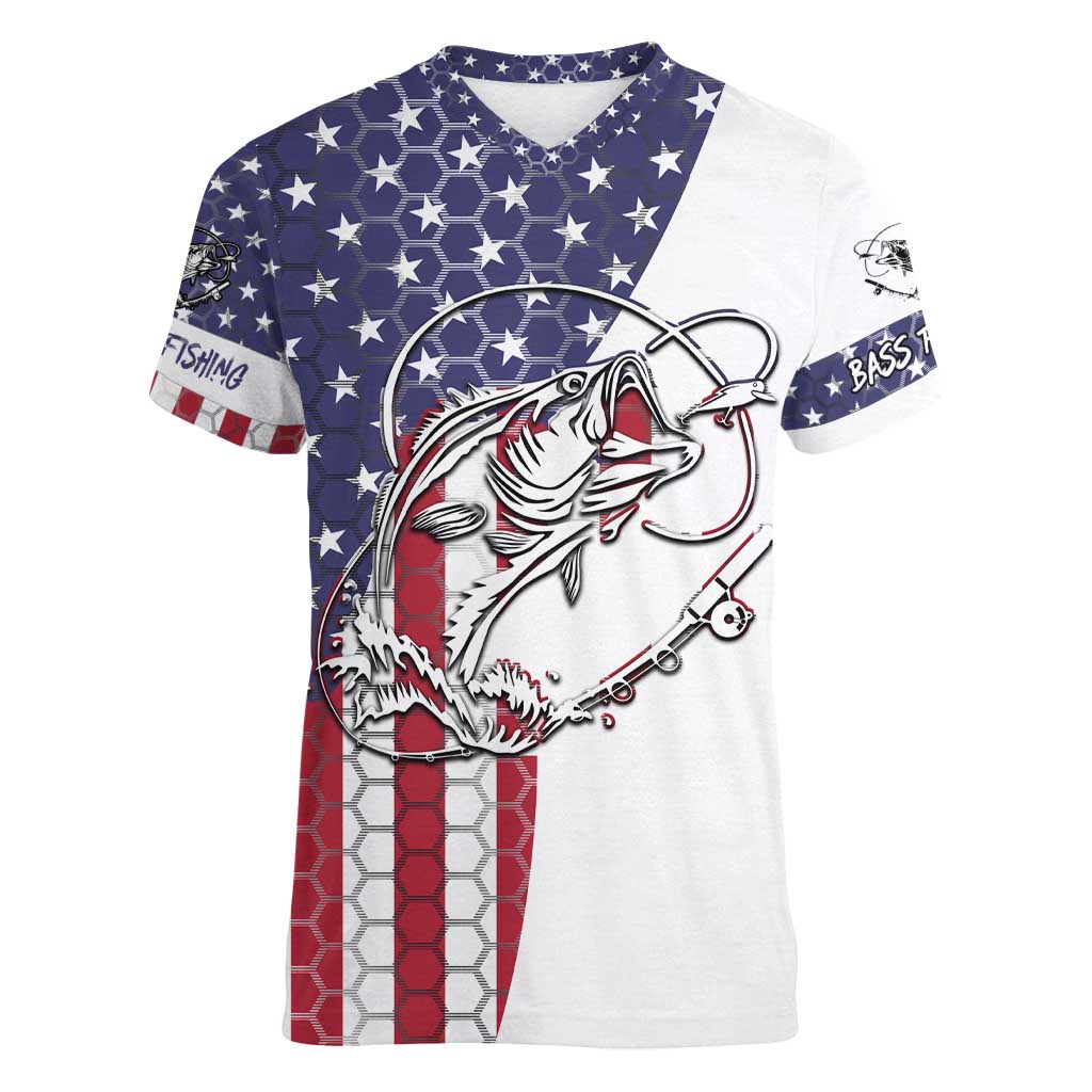 American Flag Bass Fishing Women V-Neck T-Shirt Fishing Rod and Patriotic Red White and Blue Theme - Wonder Print Shop