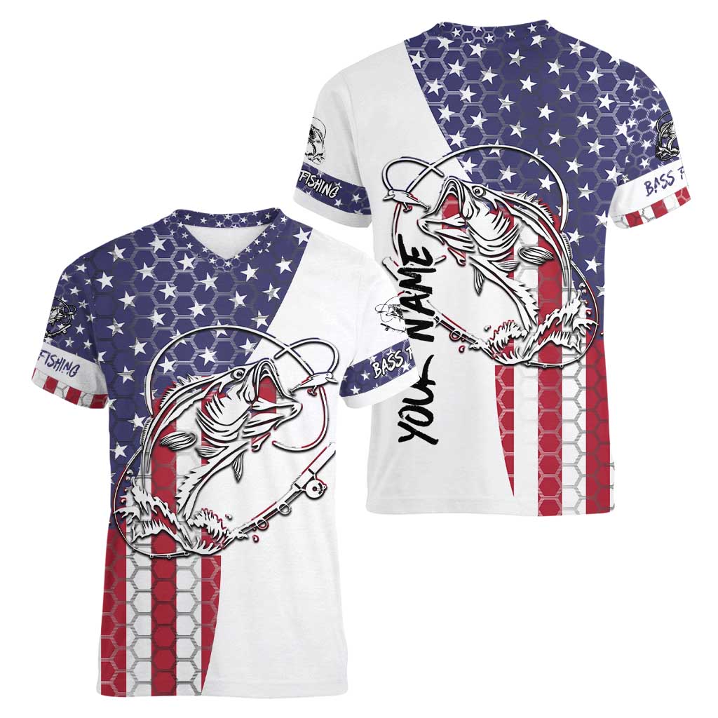 American Flag Bass Fishing Women V-Neck T-Shirt Fishing Rod and Patriotic Red White and Blue Theme - Wonder Print Shop