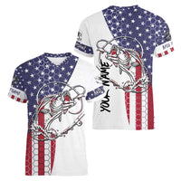 American Flag Bass Fishing Women V-Neck T-Shirt Fishing Rod and Patriotic Red White and Blue Theme - Wonder Print Shop