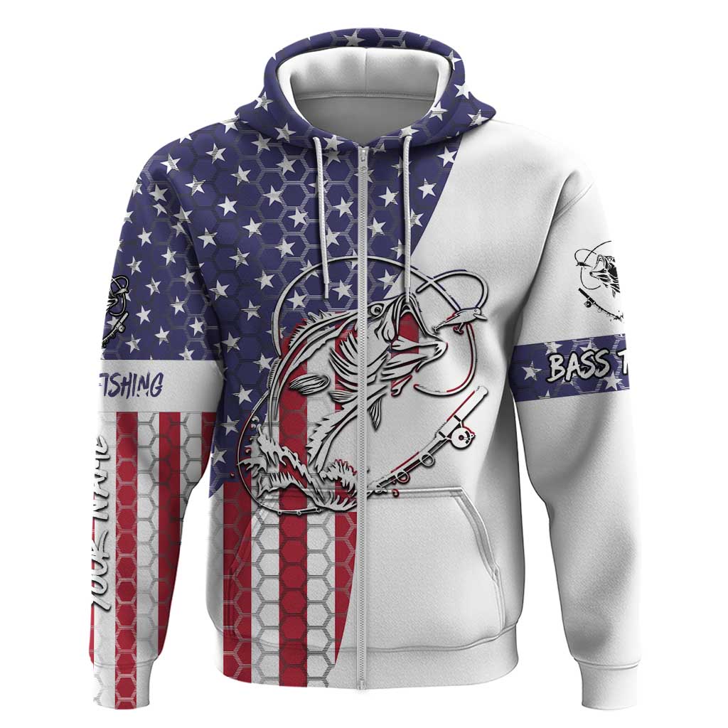American Flag Bass Fishing Zip Hoodie Fishing Rod and Patriotic Red White and Blue Theme - Wonder Print Shop