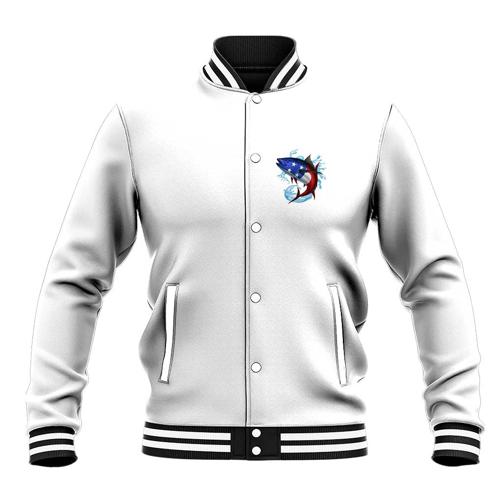 American Flag Tuna Fish Baseball Jacket Custom Splashing Water on White and Black Contrast - Wonder Print Shop