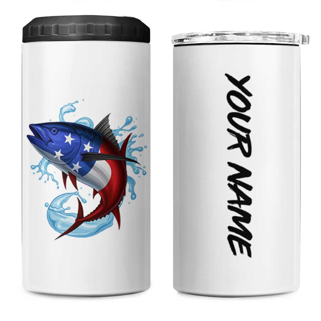 American Flag Tuna Fish 4 in 1 Can Cooler Tumbler Custom Splashing Water on White and Black Contrast - Wonder Print Shop