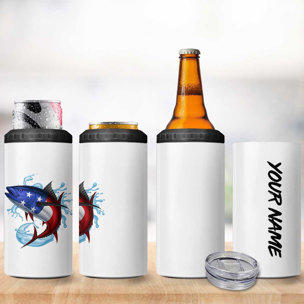 American Flag Tuna Fish 4 in 1 Can Cooler Tumbler Custom Splashing Water on White and Black Contrast - Wonder Print Shop
