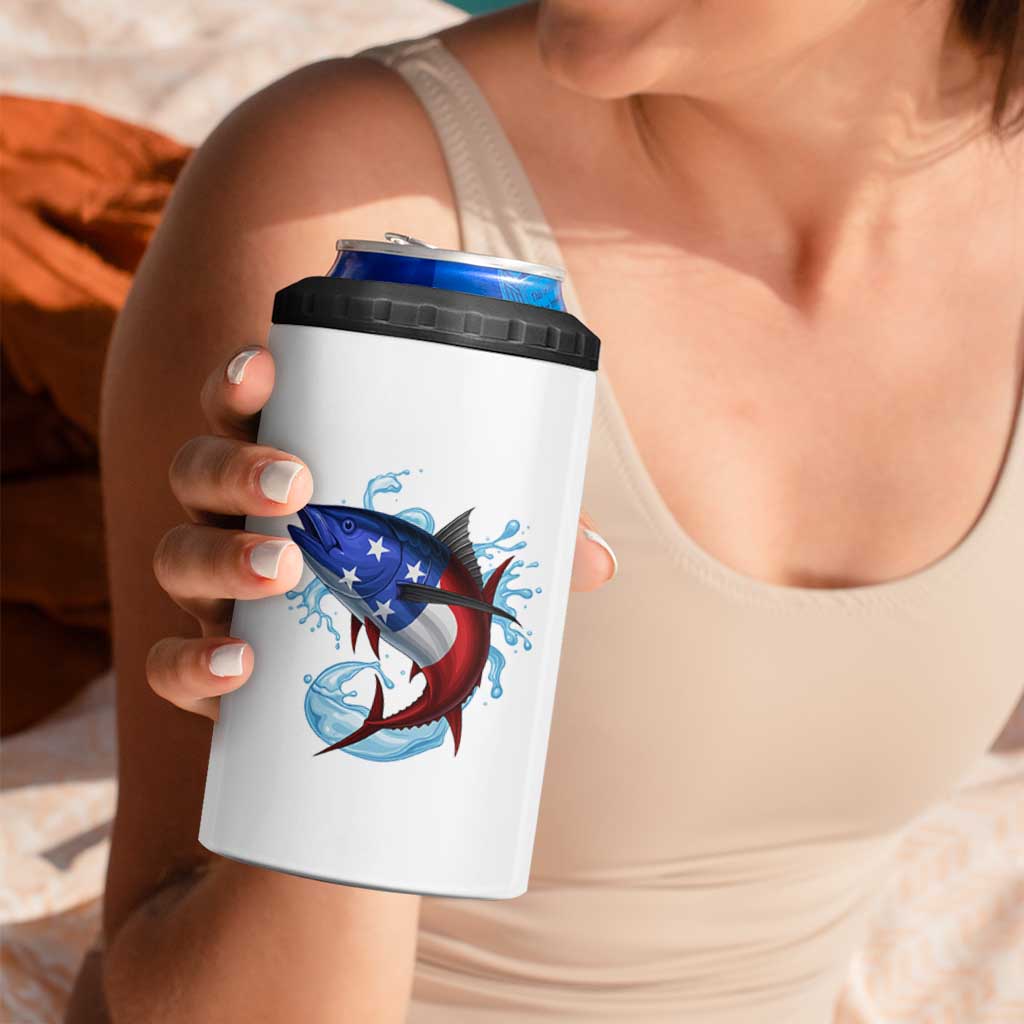 American Flag Tuna Fish 4 in 1 Can Cooler Tumbler Custom Splashing Water on White and Black Contrast - Wonder Print Shop