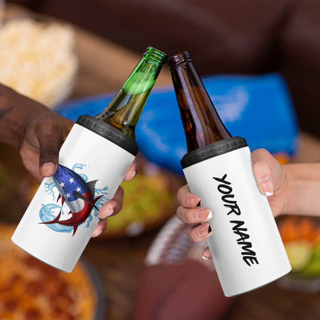 American Flag Tuna Fish 4 in 1 Can Cooler Tumbler Custom Splashing Water on White and Black Contrast - Wonder Print Shop