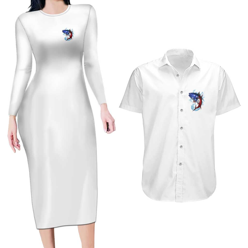 American Flag Tuna Fish Couples Matching Long Sleeve Bodycon Dress and Hawaiian Shirt Custom Splashing Water on White and Black Contrast - Wonder Print Shop