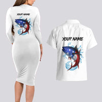 American Flag Tuna Fish Couples Matching Long Sleeve Bodycon Dress and Hawaiian Shirt Custom Splashing Water on White and Black Contrast - Wonder Print Shop