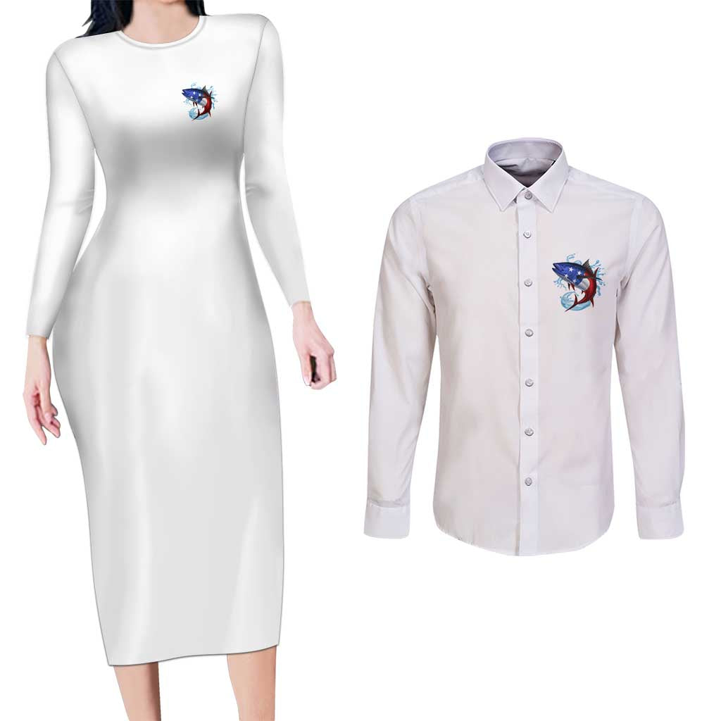 American Flag Tuna Fish Couples Matching Long Sleeve Bodycon Dress and Long Sleeve Button Shirt Custom Splashing Water on White and Black Contrast - Wonder Print Shop