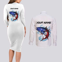 American Flag Tuna Fish Couples Matching Long Sleeve Bodycon Dress and Long Sleeve Button Shirt Custom Splashing Water on White and Black Contrast - Wonder Print Shop