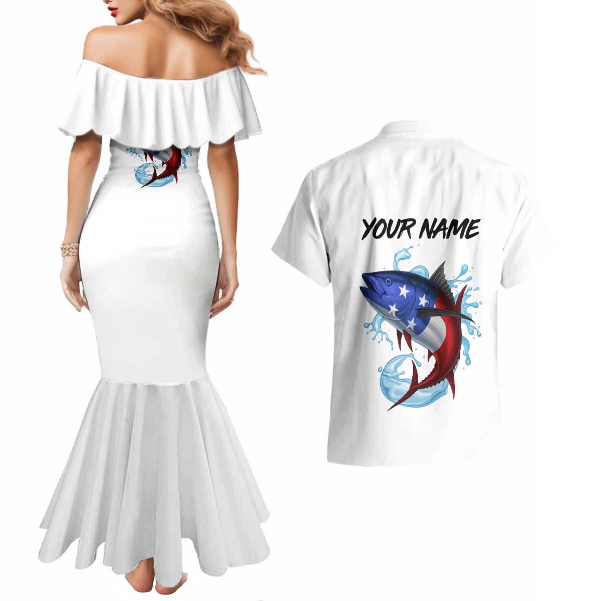 American Flag Tuna Fish Couples Matching Mermaid Dress and Hawaiian Shirt Custom Splashing Water on White and Black Contrast - Wonder Print Shop