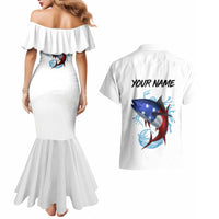 American Flag Tuna Fish Couples Matching Mermaid Dress and Hawaiian Shirt Custom Splashing Water on White and Black Contrast - Wonder Print Shop