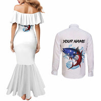American Flag Tuna Fish Couples Matching Mermaid Dress and Long Sleeve Button Shirt Custom Splashing Water on White and Black Contrast - Wonder Print Shop
