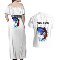 American Flag Tuna Fish Couples Matching Off Shoulder Maxi Dress and Hawaiian Shirt Custom Splashing Water on White and Black Contrast - Wonder Print Shop