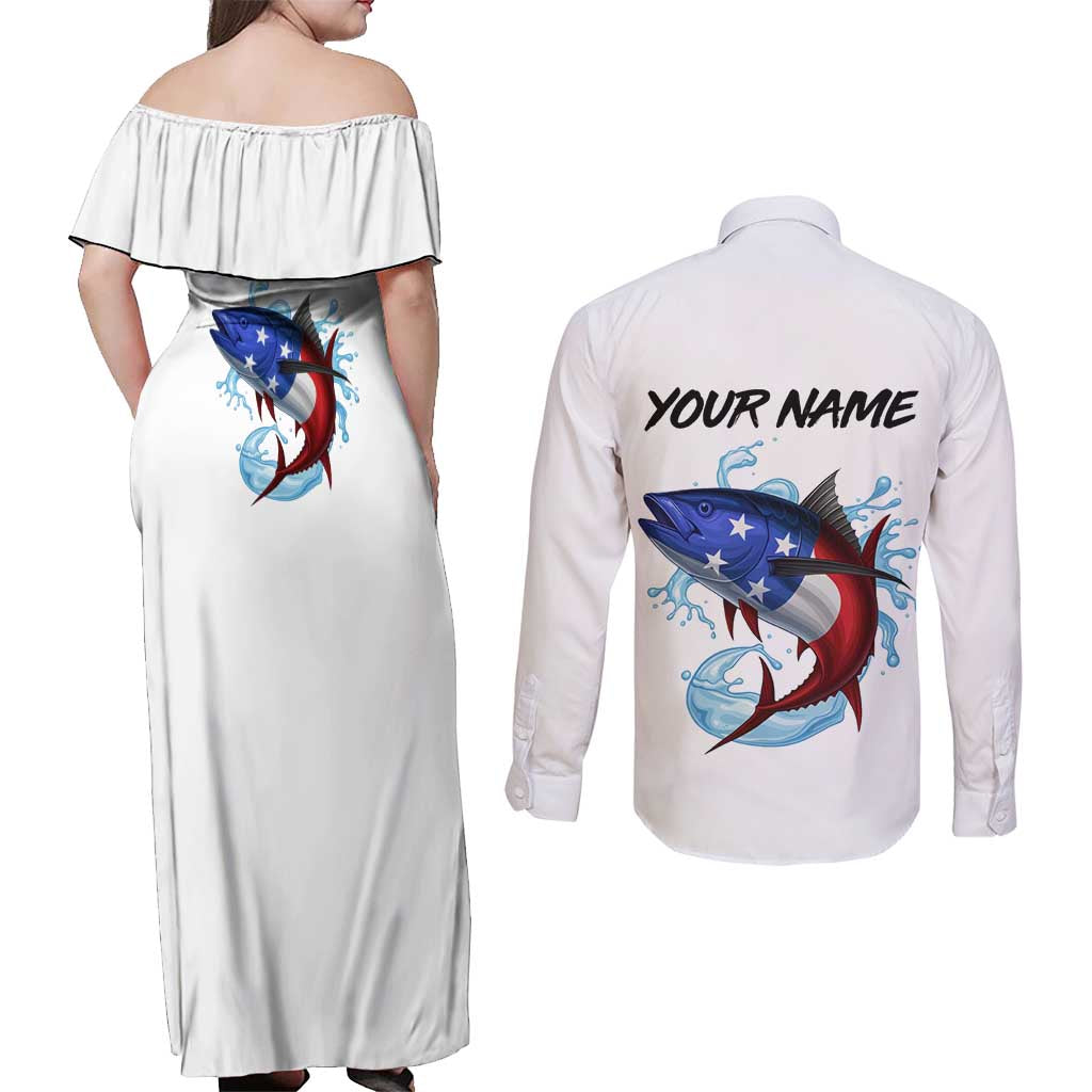 American Flag Tuna Fish Couples Matching Off Shoulder Maxi Dress and Long Sleeve Button Shirt Custom Splashing Water on White and Black Contrast - Wonder Print Shop